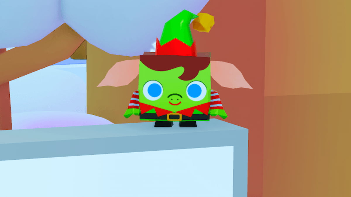 Elf on the shelf sitting atop the Like sign at the spawn of Pet Simulator 99