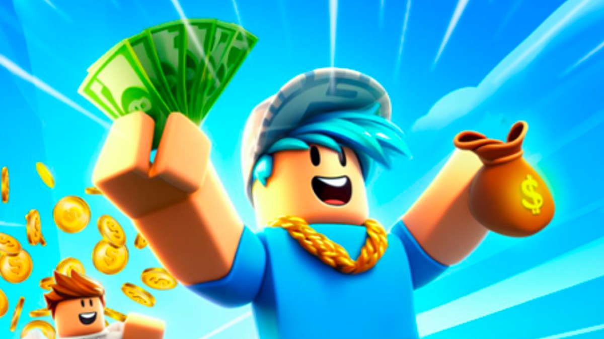 A Roblox character holding a wad of cash in Money Masters